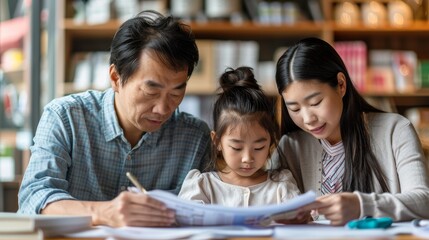 Obraz premium Asian family feeling the impact of rising living expenses, with bills and debt piling up