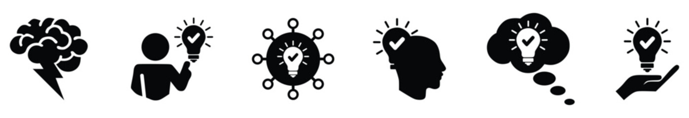 Business idea flat icon set. Containing innovation, light bulb, creativity, inspiration, brainstorm, intelligence, thinking, invention, creative, solution, mind. Vector illustration۔