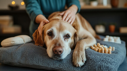 A senior dog resting comfortably on a plush bed, with a loving caregiver gently massaging its joints, surrounded by mobility aids and supplements for elderly pets
