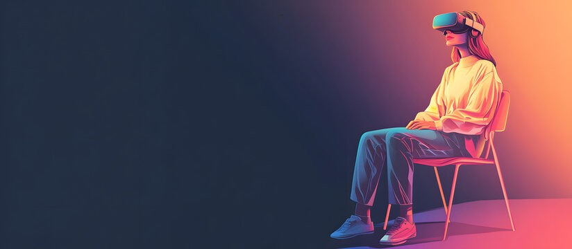 2d illustration of a young female woman with a virtual reality headset sitting on a chair serialism background