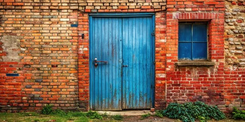 "Blue Metal Door & Red Brick Wall on Grunge Old House"
