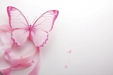 Pink butterfly and pink ribbon on a white background