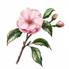 Watercolor camellia branch, gentle, elegant on white background