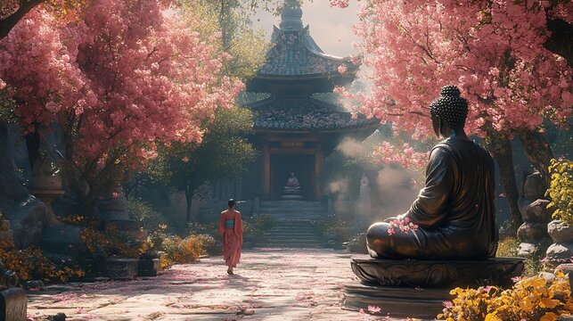A lone figure walks towards a serene temple in a tranquil garden, surrounded by blooming cherry blossoms.