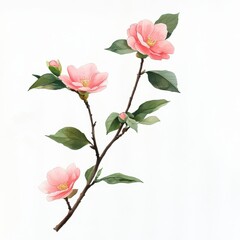Watercolor camellia branch, gentle, elegant on white background 