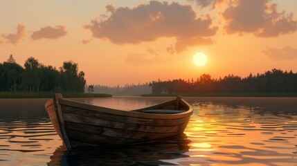 Serene Sunset Over a Calm Lake with a Boat