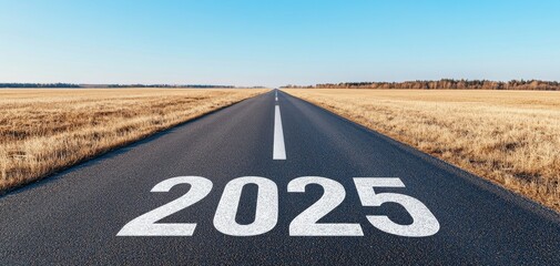 A long road stretches into the horizon, marked with the year "2025," surrounded by open fields under a clear blue sky.