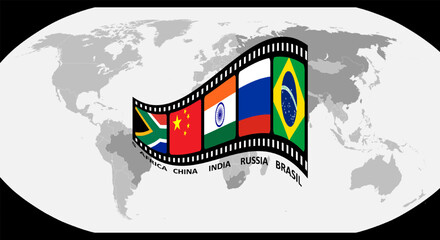 flim strip of brazil, russia, india, china and south africa with flag country on world map background for icon logo web graphic. vector illustration.