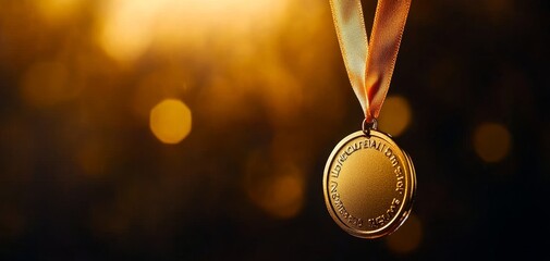 A shining gold medal hangs on a ribbon, illuminated by a warm glow, symbolizing achievement and success.