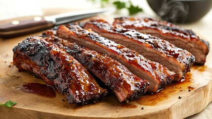 Sliced brisket with barbecue sauce on a wooden board.