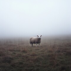 Obraz premium Sheep in a foggy morning landscape