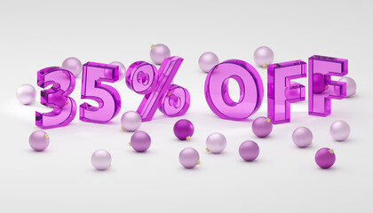 Inscription made by purple glass 35 percent on grey podium, soft light, smooth background, 3d rendering