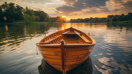 Obraz premium Serene Sunset Over a Calm Lake with a Boat