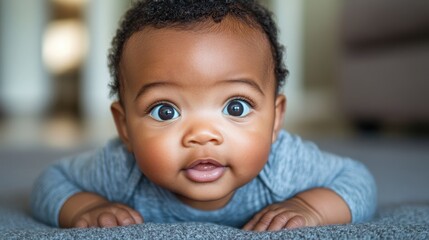 Curious Baby Boy with Big Eyes on a Cozy Surface