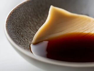 Close-up of Nama Yuba under bright studio lighting, capturing the smooth texture of the fresh tofu skin served with soy sauce
