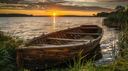 Obraz premium Serene Sunset Over a Calm Lake with a Boat
