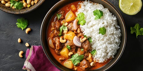 Tender Massaman Curry with Rice and Lime Garnish