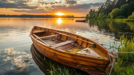 Obraz premium Serene Sunset Over a Calm Lake with a Boat