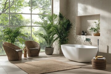 Modern Bathroom with Freestanding Tub, Greenery, and Wicker Accents