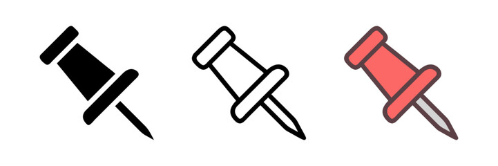 Push pin icon set in flat style. Simple vector design, ideal for organizing, marking, and office-related projects. Isolated design elements perfect for web, apps, and presentations.