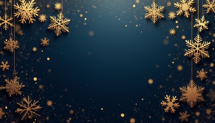 Gold snowflakes and shimmering details on a dark blue background create a festive and elegant scene. The image is perfect for holiday themes and winter celebrations.