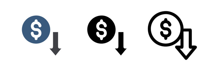 Dollar with arrow down icon representing rate decrease, price drop, or declining value in finance. Perfect for business, economics, and stock market-related designs. Simple, clear, and modern sign.