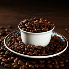 Fototapeta premium A white ceramic cup filled to the brim with dark roasted coffee beans sits on a matching saucer