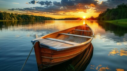 Obraz premium Serene Sunset Over a Calm Lake with a Boat