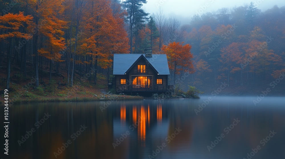Poster a charming cabin stands by a tranquil lake surrounded by colorful autumn trees. the soft morning mis