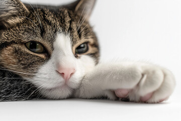 Close-up Portrait of a Sleepy Cat with White Paws
