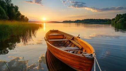 Serene Sunset Over a Calm Lake with a Boat