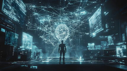 Futuristic interior and digital data concept. future research lab for new technology