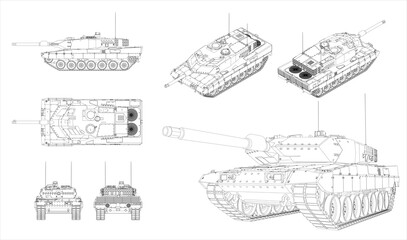 German battle tank of the second generation. Four projections, isometry and perspective on a transparent background. Coloring page. Line drawing. © Olena