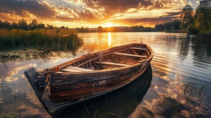 Serene Sunset Over a Calm Lake with a Boat