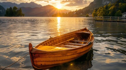 Fototapeta premium Serene Sunset Over a Calm Lake with a Boat