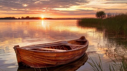 Obraz premium Serene Sunset Over a Calm Lake with a Boat