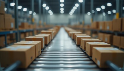 Rows of cardboard boxes move along a conveyor belt in a large, brightly lit warehouse. The image represents logistics, shipping, and industrial automation.