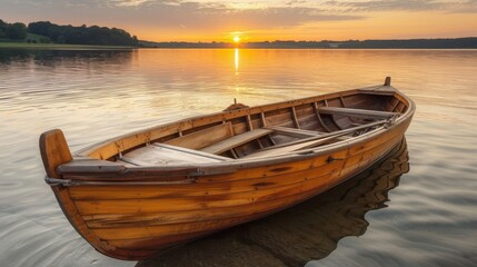 Fototapeta premium Serene Sunset Over a Calm Lake with a Boat