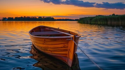 Obraz premium Serene Sunset Over a Calm Lake with a Boat