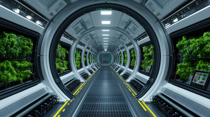 Obraz premium Futuristic corridor with greenery, showcasing advanced technology and design