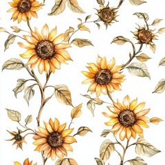Watercolor sunflower branches, gentle, elegant on white background 