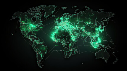 Digital world map with interconnected supply chain hubs glowing in green