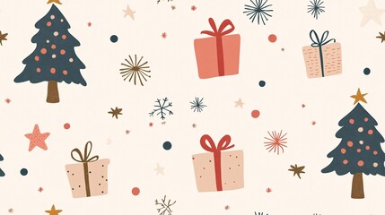 Festive Christmas Pattern with Gifts and Trees