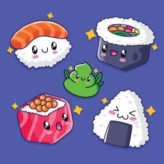 Hand drawn cute kawaii sushi set illustration