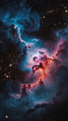 Cosmic nebula swirling with vibrant colors and stars scattered across the sky