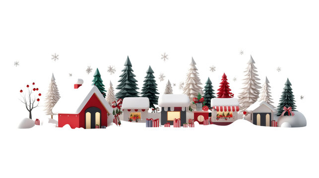 Festive winter village scene with snow-covered houses and pine trees, capturing the essence of a cozy holiday atmosphere , isolated PNG transparent background.