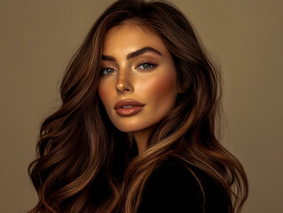 Fototapeta premium A beautiful woman with long, brown hair styled in loose waves, showcasing her elegant and sophisticated look.