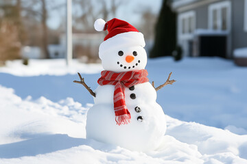 A cute snowman with button eyes, a carrot nose, and a red scarf, enjoying a sunny winter day in the snow.