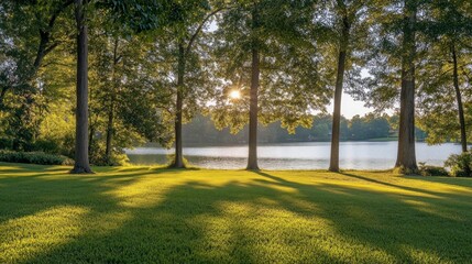 A serene lakeside view with sunlight filtering through trees and lush green grass.