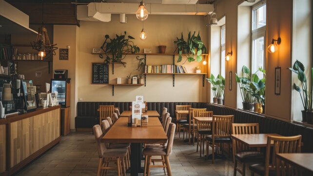 Cozy cafe interior with plants, wooden furniture, and warm lighting.